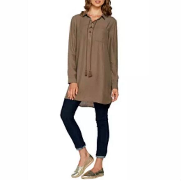 Du Jour Long Sleeves Lace Front Tencel Denim Tunic - Picture 3 of 11